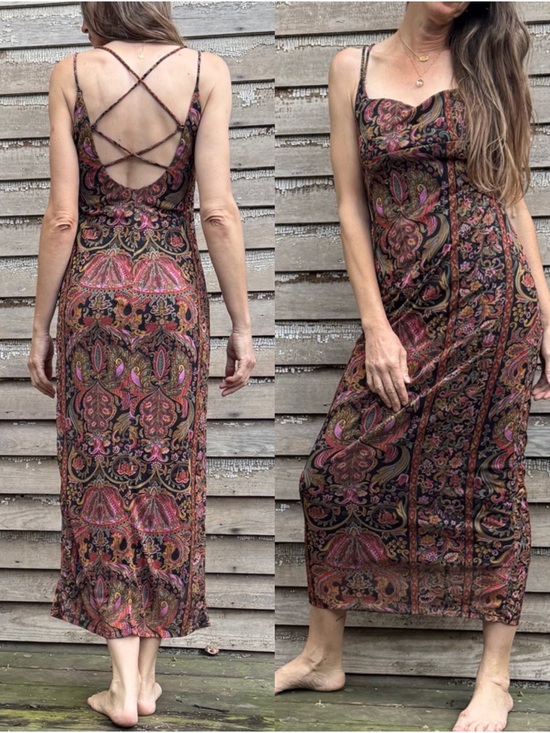Vintage Dresses & Skirts - 90s Vintage Paisley Maxi Dress Crisscross Back - Mesh dress open strappy back